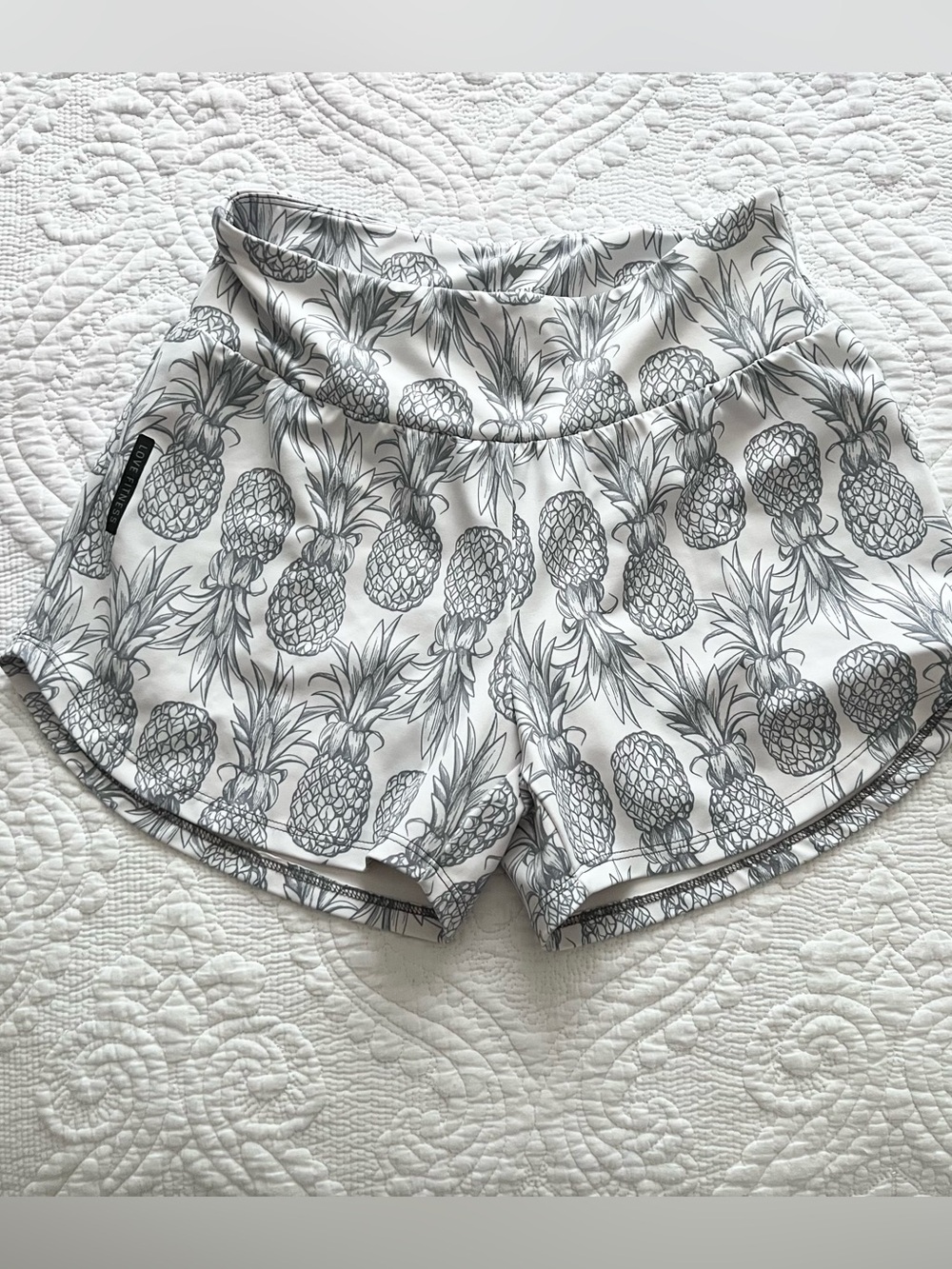 Love Fitness  White Powder Blue Pineapple Print Shorts w/built-in shorts Small